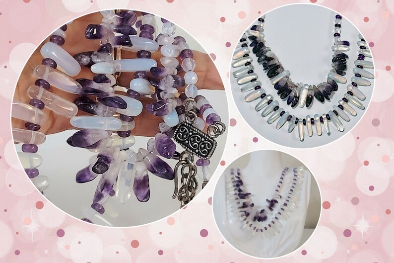 May include: A collection of gemstone necklaces featuring amethyst and opalescent beads. The necklaces vary in design, with some showcasing a layered look and others a more delicate, single-strand style. A silver-toned clasp is visible.