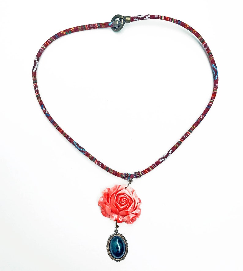 Ethnic Greek Textile Necklace: Red Rose Pendant, Olive Green Gem image 1