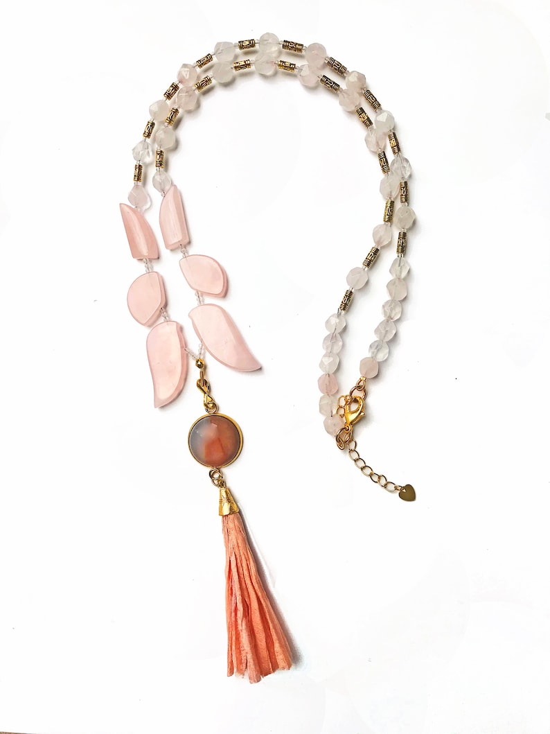 Statement Necklace, Angel Wing Natural Pink Agate Pendant, Pink Silk Tassel, Matching Bead Strand, Vintage Brass Beads, Untreated Gem Beads image 1