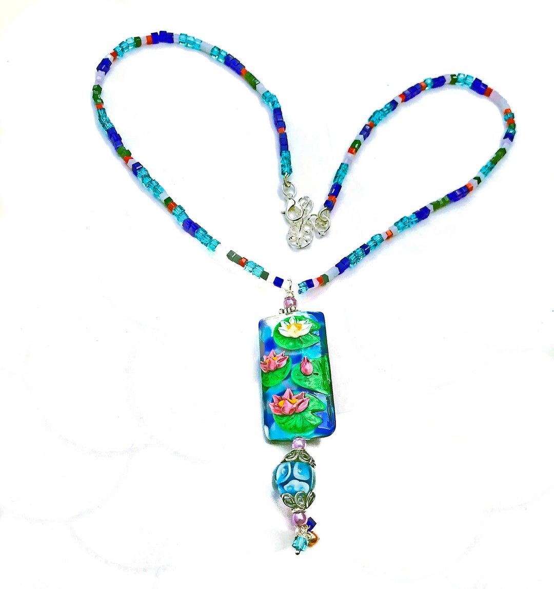 Lamp Works Lily Pond and Flowers Pendant, Matching Glass Beads Necklace