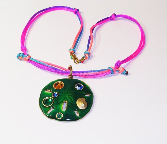 Green Enamel Pendant Necklace: Adjustable Silk Macrame Cord