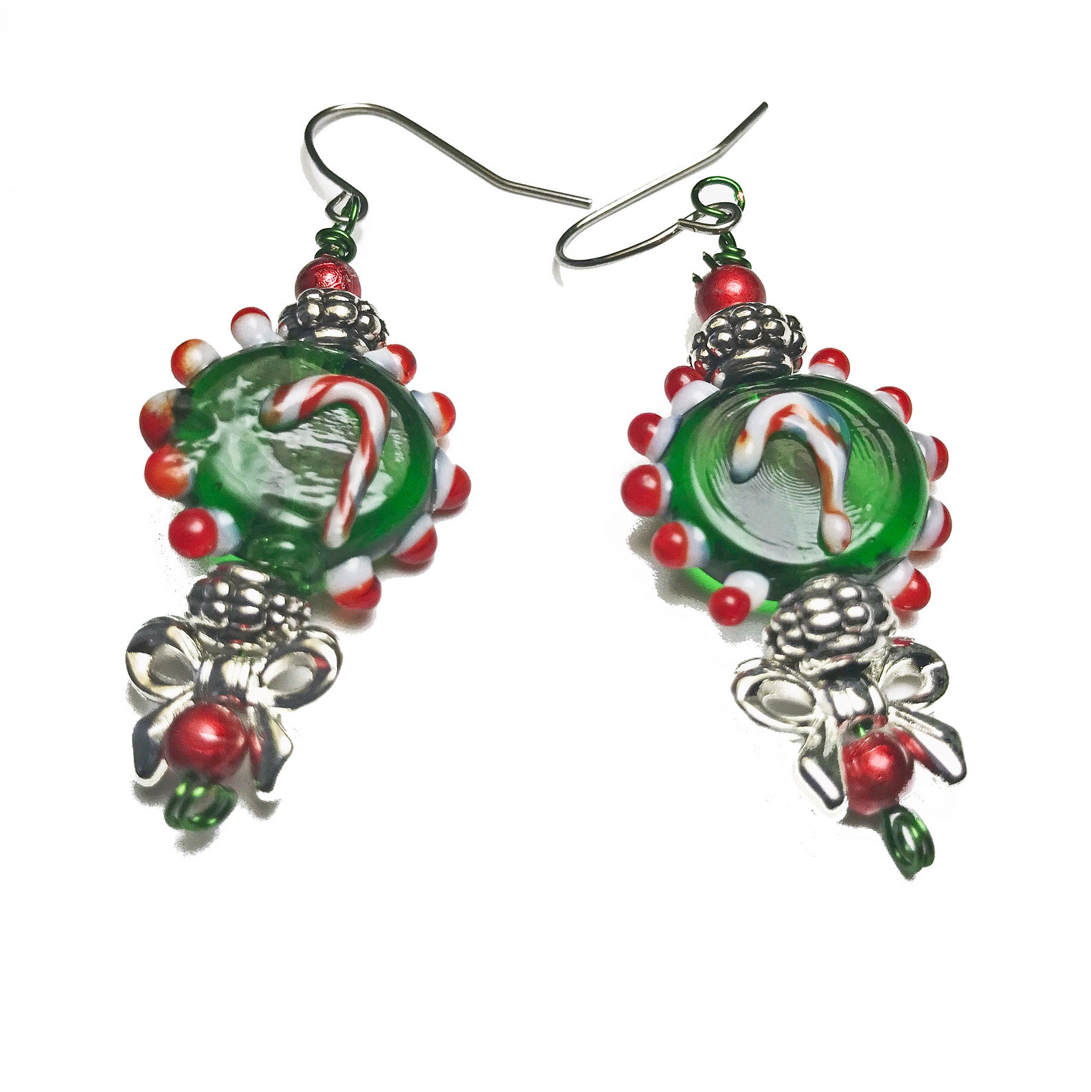 Handmade glass candy cane earrings from Beaded Necklace Shoppe