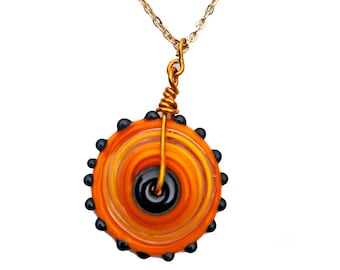 Lamp Works Glass Disk Pendant Necklace, Gold Plated Artisan Glass Pendant, Gold Plated Metal Chain, Deep Orange Pendant, Hand Crafted Gift