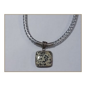 Statement black and white spotted Agate Sterling Pendant, Natural Woven Silver Cord, Dalmatian Agate Necklace, Classic Style and Color Combo image 7