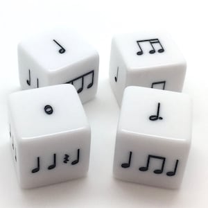 May include: Four white dice with black musical note symbols. The dice have different symbols on each side, including a treble clef, a crotchet, a minim, and a semibreve.