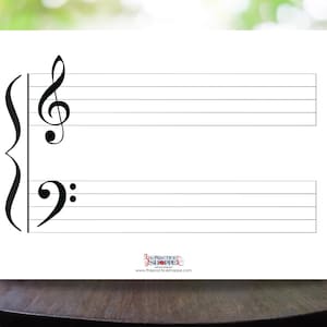 Op de afbeelding: Een wit vel papier met een G-sleutel en een F-sleutel, met vijf horizontale lijnen voor muzieknotatie. Het logo van The Practice Shoppe staat in de rechter benedenhoek. De achtergrond is wazig.