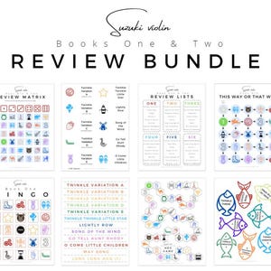 Puede incluir: Un conjunto de juegos de revisión de violín Suzuki imprimibles para los libros uno y dos. Los juegos incluyen una matriz de revisión, listas de revisión, un juego de bingo, un juego de "de esta manera o de esa manera" y un juego de "variación de brillo".