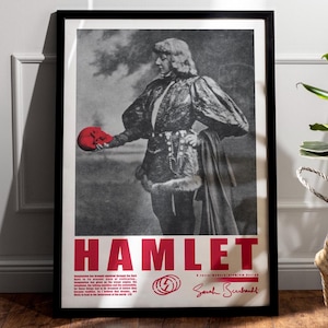 Hamlet Poster Featuring Sarah Bernhardt as Hamlet Holding Skull Vintage Wall Art Shakespeare Plays Retro Theater Decor