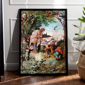 Snow White Print of Classic Illustration by Alexander Zick for a German Version of the Story Featuring Snow White and the Seven Dwarfs