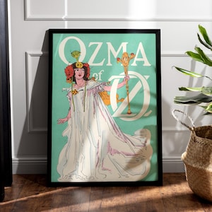 May include: A vintage illustration of a young girl in a white dress holding a scepter. The illustration is on a light blue background with the text "Ozma of Oz" in a decorative font.