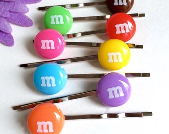 Candy bobby pins Set of 8 MnM hair pins Candyland Chocolate barrettes Kawaii Kids hair accessories Letter M Strong and durable GIFT WRAPPED