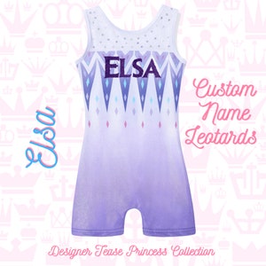 May include: Purple and blue gymnastics leotard with a white and blue snowflake pattern. The leotard has the name "Elsa" written in purple on the front. The leotard is on a pink background with a crown pattern.