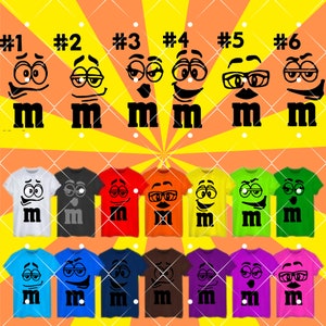 May include: Six different colorful t-shirts with a black M and a cartoon face on each. The faces include a surprised face, a sleepy face, a winking face, a smiling face, a face with glasses, and a face with a raised eyebrow.