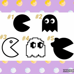 May include: Five black and white images of video game characters. The images are numbered 1 through 5. The characters are Pac-Man, a ghost, a ghost, Pac-Man, and a ghost.