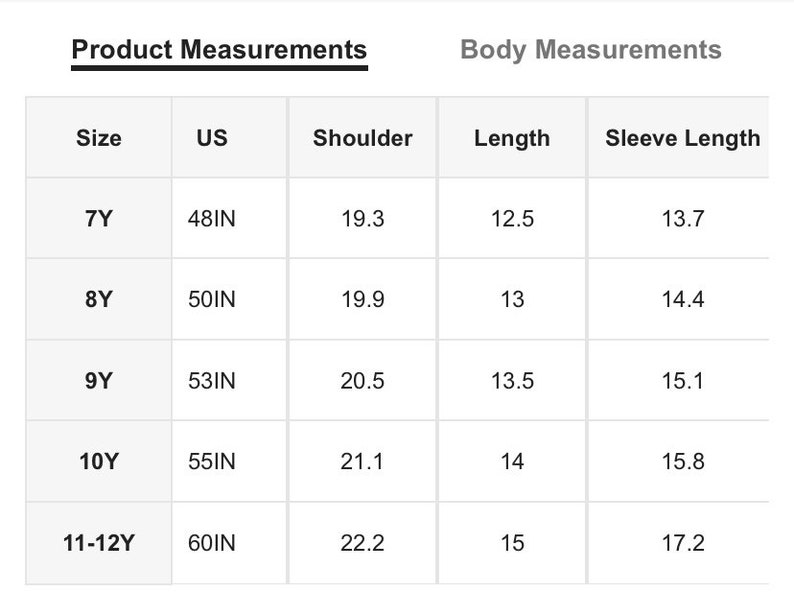 May include: A chart showing product measurements for children's clothing in US sizes. The chart includes measurements for size, shoulder, length, and sleeve length in inches.
