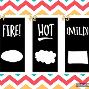 May include: Three black signs with white text and graphics. The first sign says "#1 FIRE!" and has a white oval shape. The second sign says "#2 HOT" and has a white cloud shape. The third sign says "#3 (MILD)" and has a white rectangle shape.