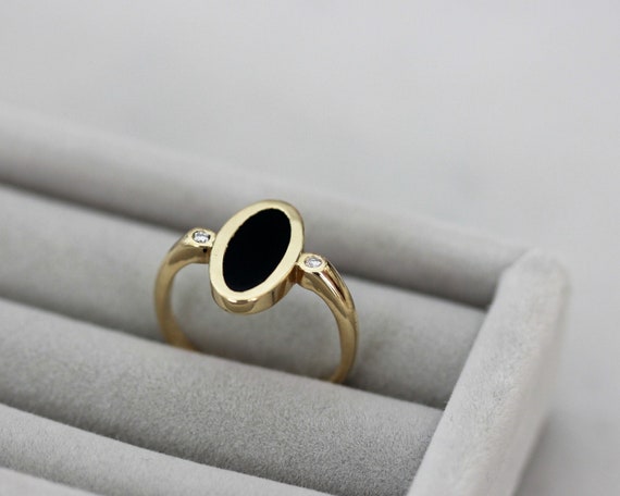 Solid 14k Gold Black Onyx Ring Oval Onyx And Two Diamonds Etsy