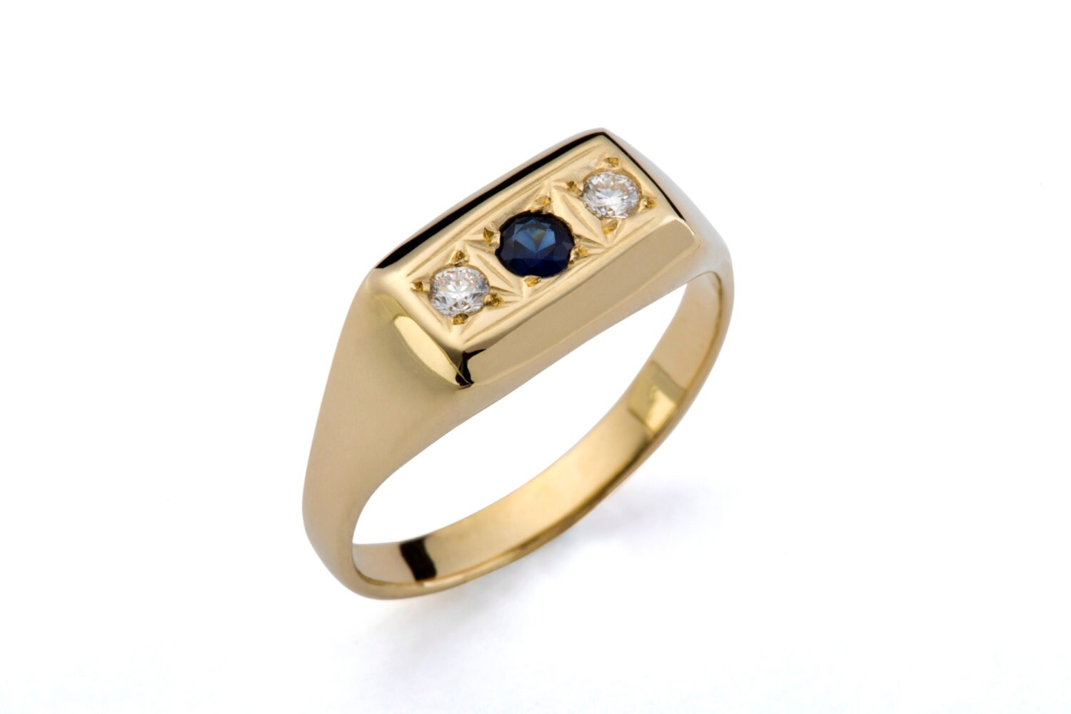 Blue Sapphire Diamond Ring Gold Signet Ring Solid Gold - Etsy