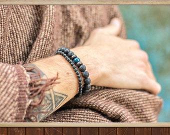 Bead Bracelet for Men, Men's Protection Bracelet, Yoga Mala Bracelet for Men, Chrysocolla Bracelet, Men Hippie Bracelet, Black Blue Bracelet