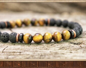 Empowering Men's Bead Bracelet, Tiger's Eye Bracelet, Lava Yoga Bracelet, Men Protection Armband, Wrist Yoga Mala, Men Handmade Jewelry Gift
