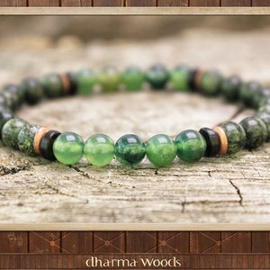 May include: A beaded bracelet featuring a repeating pattern of round green mottled stone beads, smooth translucent light green beads, thin black circular spacers, and small copper-colored metallic rings arranged in a circular band.