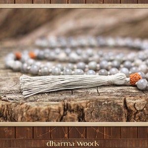 Labradorite 108 Beads Tassel Mala, Positivity Knotted 108 Bead Hindu Yoga Necklace, Gray Prayer Bead Japa Mala, Hemp Buddhist Zen Meditation