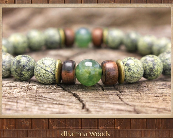 Men s Wealth Bracelet Men s Yoga Gift Self Love Mala Serpentine Jewelry Green Mala Bracelet Yoga Bead Bracelet Green Brown Bracelet Etsy