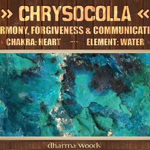 May include: A raw piece of chrysocolla mineral featuring vibrant shades of turquoise, teal, and deep blue with metallic gold inclusions. The text reads: CHRYSOCOLLA, HARMONY, FORGIVENESS & COMMUNICATION, CHAKRA: HEART, ELEMENT: WATER, and dharma WOODS.