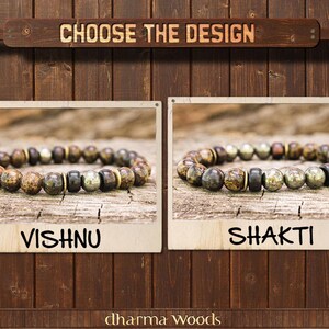May include: Two beaded bracelets with brown, gold, and black beads. The bracelet on the left is labeled "Vishnu" and the bracelet on the right is labeled "Shakti".