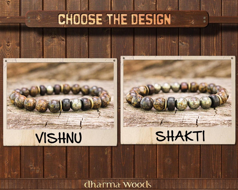 May include: Two beaded bracelets with brown, gold, and black beads. The bracelet on the left is labeled "Vishnu" and the bracelet on the right is labeled "Shakti".
