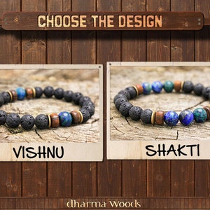 May include: Two beaded bracelets displayed in rectangular frames with the text CHOOSE THE DESIGN, VISHNU, SHAKTI, and dharma WOODS. The Vishnu bracelet features black lava beads, brown wood beads, brass spacers, and blue stone beads. The Shakti bracelet includes similar beads with additional blue and green stone accents.