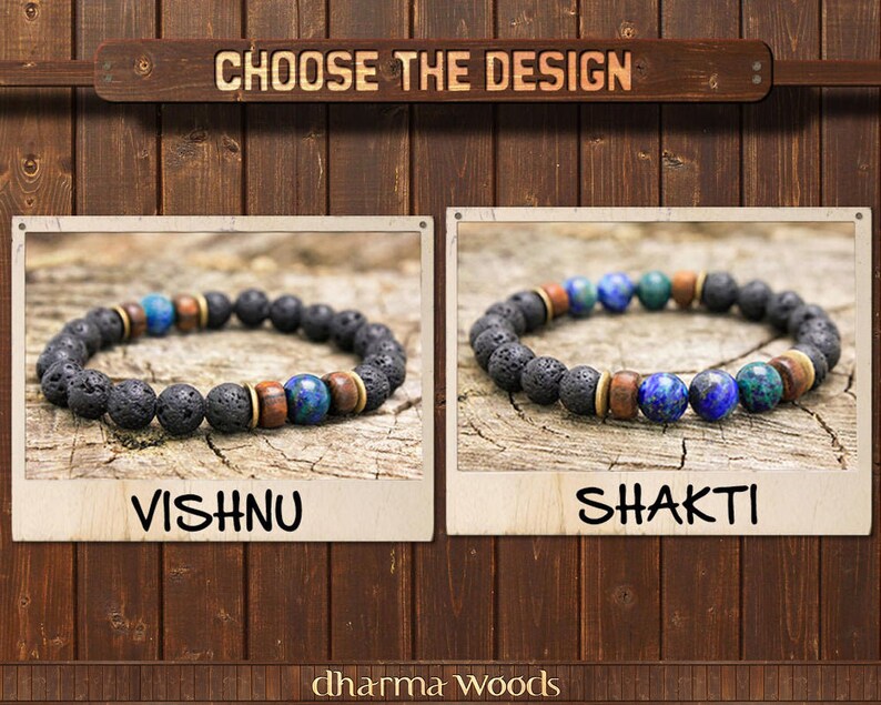 May include: Two beaded bracelets displayed in rectangular frames with the text CHOOSE THE DESIGN, VISHNU, SHAKTI, and dharma WOODS. The Vishnu bracelet features black lava beads, brown wood beads, brass spacers, and blue stone beads. The Shakti bracelet includes similar beads with additional blue and green stone accents.