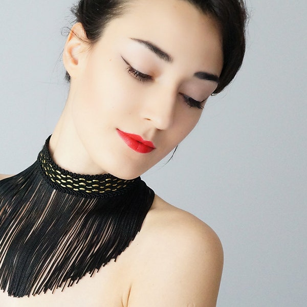 Choker Necklace Black Choker Necklace Fringe Choker Gold Choker Black Necklace Statement Necklace Statement Choker Black Accessory / GHEDO