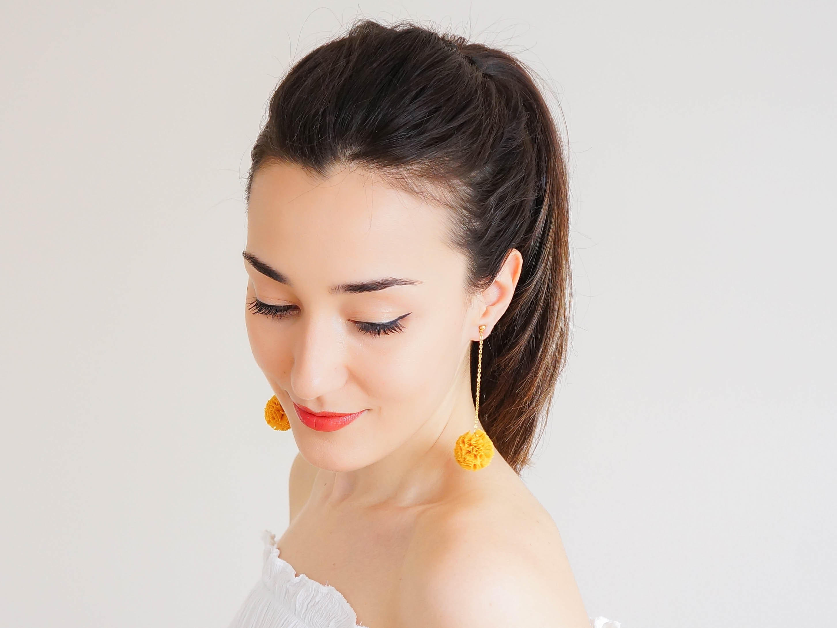 Pompom Earrings Mustard Earrings Long Earrings Dangle Earrings Etsy