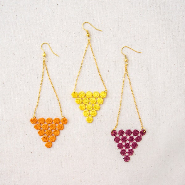 EARRINGS // Lentula // Handmade Triangle Lace Earrings - Orange Yellow Burgundy - Golden Brass - Gold