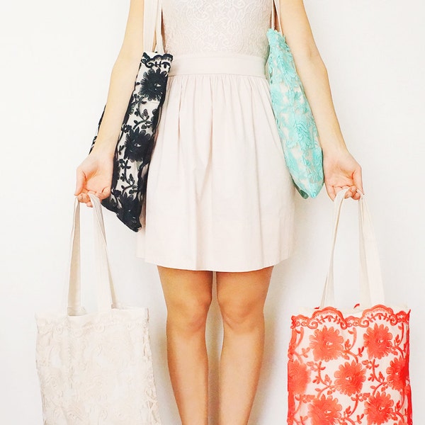 Ustinia // Handmade Creme Lace Canvas Tote Bag