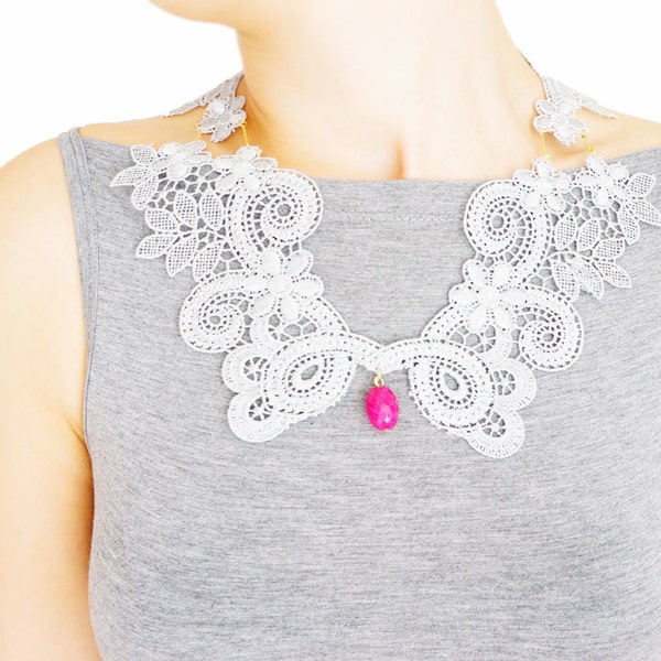 Enucia // Handmade Light Grey Pink Bead Crochet Cotton Lace Collar Necklace Applique Blouse Accessories Peter Pan Collar