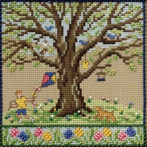 May include: Cross-stitch embroidery of a large tree with a boy flying a kite and a dog running in a grassy field. The tree has birds, a birdhouse, and a feeder. A floral border frames the scene.