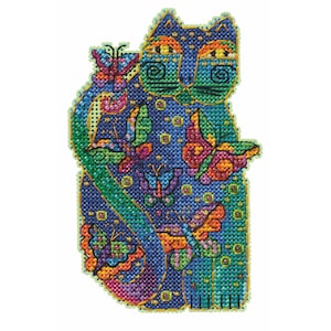 May include: A cross-stitch design of a blue cat with colorful butterflies. The cat has a whimsical design with orange, green, and pink accents. The butterflies are in various colors, including red, orange, and purple. The design is on a white background.