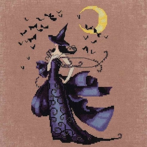 May include: Cross-stitch design of a witch in a long, dark purple dress and pointed hat, with a crescent moon and bats in the background. The witch is holding a decorative item. The background is a muted pink.