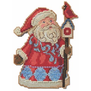 May include: A handcrafted Christmas ornament in the shape of Santa Claus. The ornament features a red coat with blue floral accents, a white beard, and a red hat. Santa holds a staff with a birdhouse and a red cardinal.