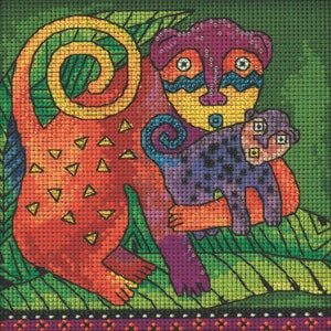 May include: A vibrant cross-stitch design depicting a mother monkey and her baby. The mother monkey is orange with yellow triangles, and the baby monkey is purple with black spots. The background is green with leaves.