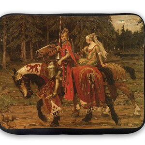 May include: A painting of a knight and a lady riding horses through a forest. The knight is wearing red armor and a red cape, while the lady is wearing a white dress and a white veil. The horses are brown and white.