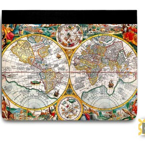 May include: A vintage world map with a yellow, red, and blue color scheme. The map is surrounded by a decorative border with images of ships, animals, and people. The map is printed on a black background.
