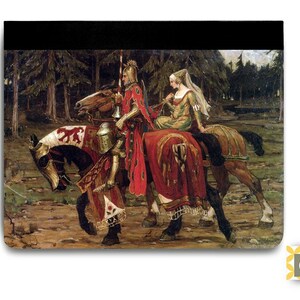 May include: A notebook featuring a historical painting of a knight and a woman riding horses through a forest. The knight wears red and gold armor and a red cape. The woman wears a green and gold dress. The horses have red and white coverings.