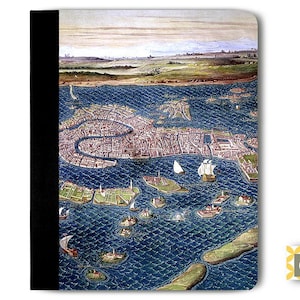 May include: An antique map of Venice, Italy, showing the city's canals and islands. The map is drawn in a detailed style with a blue and green color scheme.