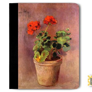 May include: A painting of a potted geranium plant with red flowers and green leaves. The plant is in a terracotta pot and is set against a light pink background.