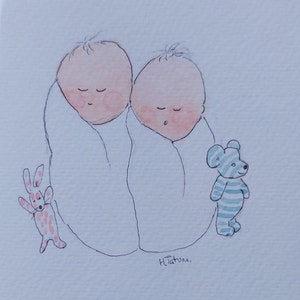 Zwillingskarte, eine original signierte Aquarellkarte OOAK blanko innen.