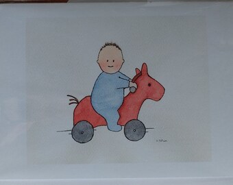 Little boy on a toy horse, handmade and printed from my original watercolour.