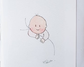 Baby girl card baby girl on mum's shoulder, handmade cards from an original watercolour, blank inside.
